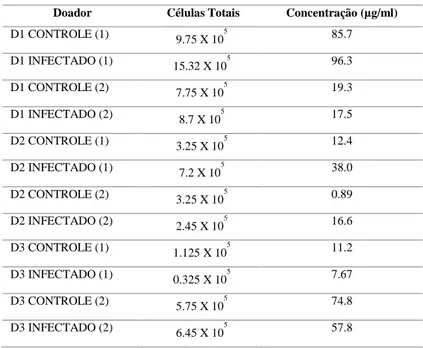Tabela 1: Quantificação no Quibit do RNA total extraído das DCs nas condições controle e infectado após 12 h  de interação com L