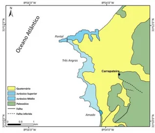 Fig.  1  –  Mapa  Geológico  simplificado  do  Afloramento  Mesozóico  da  Carrapateira  (adaptado  de  Feio  et  al.,  1985)