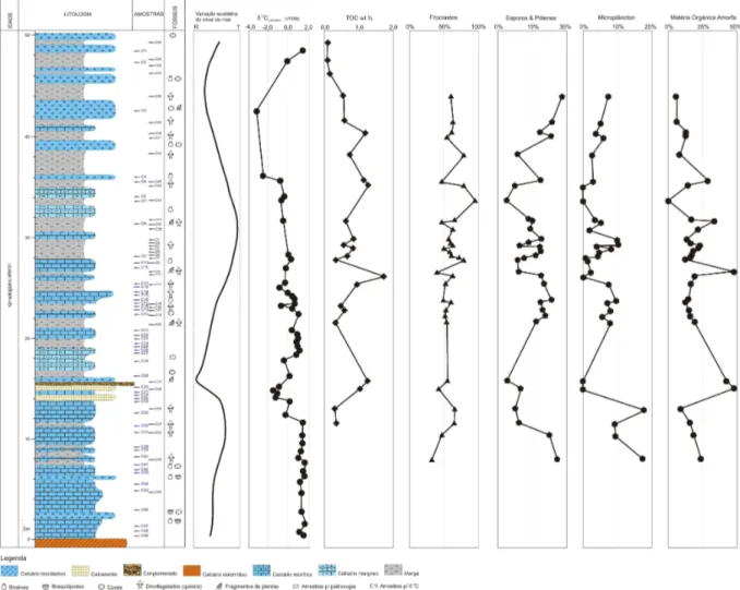 Fig.  2  –  Comparação  dos  resultados  δ   13 C,  TOC,  Fitoclastos,  Esporos  e  Pólenes,  Microplâncton  e  Matéria  Orgânica,  com  a  curva  da  variação eustática do nível do médio do mar, obtidos no AMC