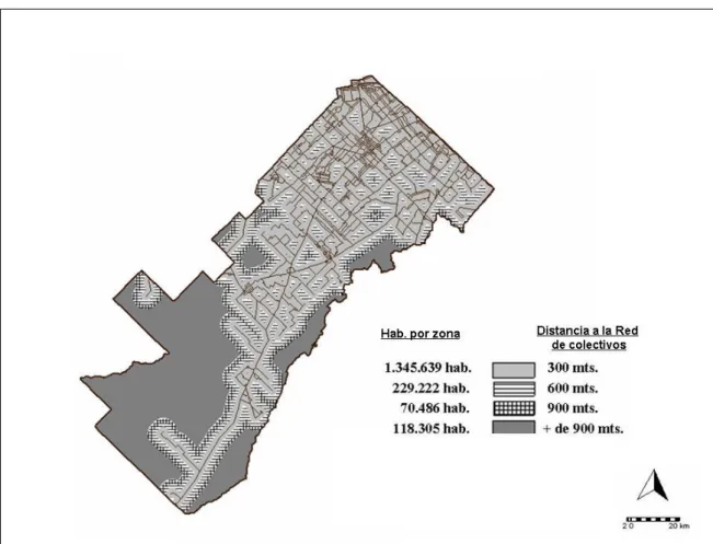 Figura 6.  Municipio de La Matanza. Distribuición demográfica, según distancia a la red de  autotransporter público regular