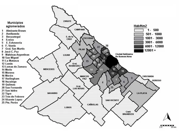 Figura 2. RMBA. Densidad demográfica por distrito (2010). 