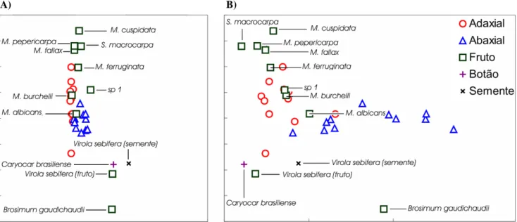 Figura 7. Modelo para os diagramas de A) cromaticidade e B) cromaticidade-luminância com especificação  das espécies de frutos, semente e botão