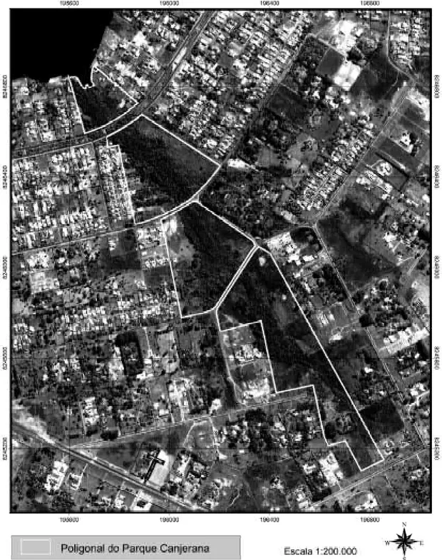 Figura 2   Carta-imagem da área de estudo, obtida a partir do satélite IKONOS, 2002, mostrando os quatro trechos do Parque Canjerana, DF.