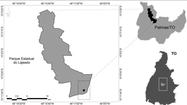Figura 1.1: Localização da área de estudo em relação ao Município de Palmas e ao Estado  do Tocantins