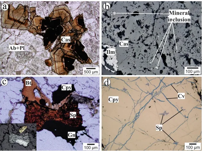 Figure 4. Photomicrographs of general textures of indium-bearing minerals from Sucuri massif