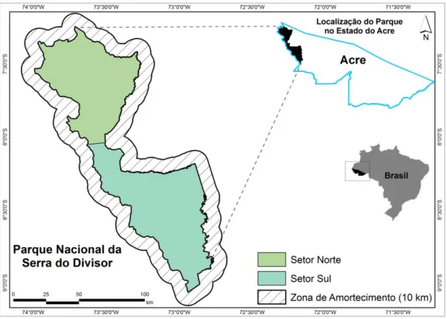 Figura 1. Caracterização do Parque Nacional Serra do Divisor e distribuição dos setores sul e  norte conforme plano de manejo