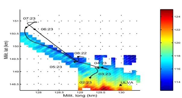 Figure 1: INTIFANTE’00 Event I source-receiver geometry and bathymetry; ULVA refers to the VLA position.