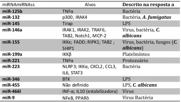 Tabela  1.1  –  Lista  de  miRNAs  envolvidos  na  resposta  imune  utilizados  nesse  trabalho
