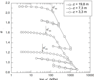 Figura 3.4 – Curvas de compressibilidade de amostras colhidas a profundidades diferentes no campo  experimental de Massachusetts (adaptado de DeGroot &amp; Lutenegger, 2003)