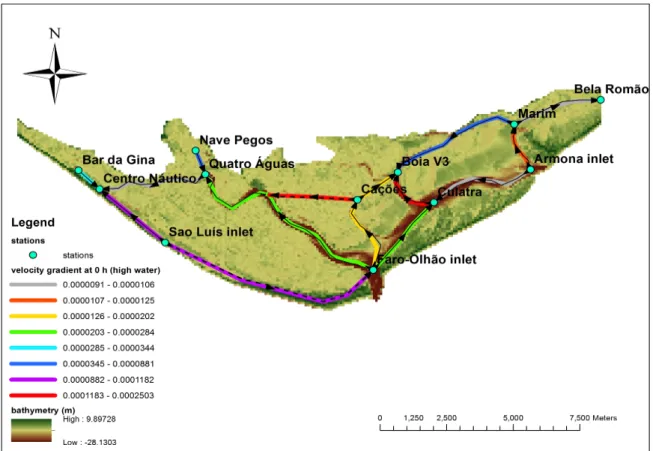 Fig 5.3. The tidal current circulation patterns inside the main channel of Ria Formosa at 0  hour (at high water in Faro Olhao inlet) 