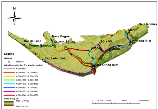Fig 5.5. The tidal current circulation pattern inside the main channel of Ria Formosa at 3  hours (at ebbing period in Faro Olhao inlet) 