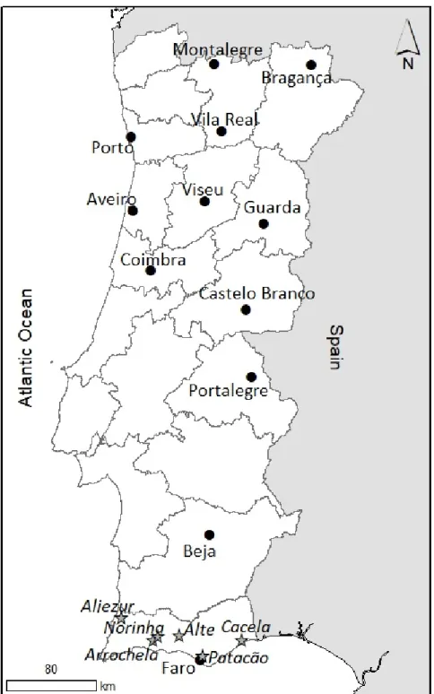 Figure 1. Portuguese Institute of the Sea and Atmosphere (black circles, IPMA) and Regional  Directorate for Agriculture and Fisheries of Algarve (stars, DRAP Algarve) weather stations