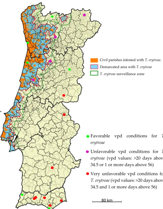 Figure 4. Distribution map of Trioza erytreae in mainland Portugal. The delimitation of the “Infested  Zone” is based on the civil parishes where T