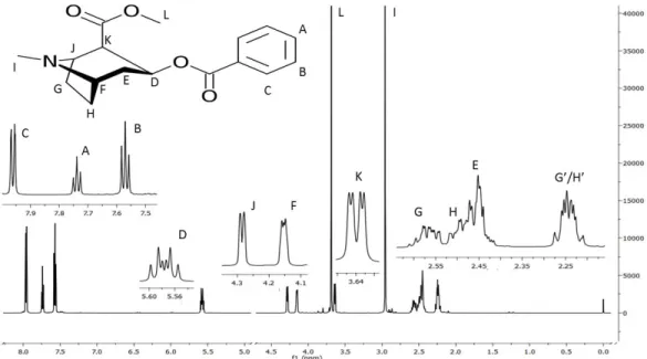 Tabela  4. Atribuição dos sinais do espectro de RMN  de  1 H  (600  MHz)  da amostra de cocaína  RTI  em solução de D 2 O/TSP à 28ºC: deslocamento químico, multiplicidade, constantes de acoplamento e  valor aproximado da integral