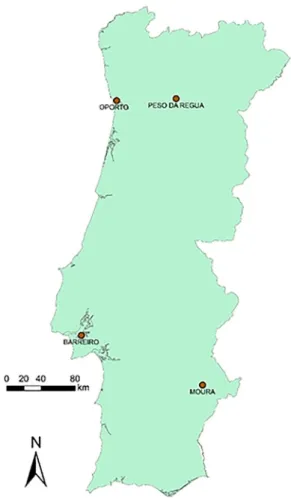 Figure 1. Map of Portugal showing the locations of the four case study cities (own source).