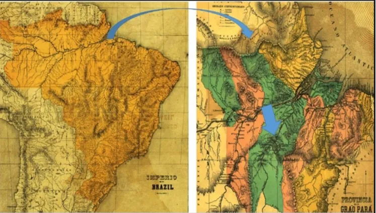 Figura 4: Mapa do Império do Brasil com destaque para o Grão-Pará e a  Região de Santarém, onde existiram terras demarcadas para imigrantes 