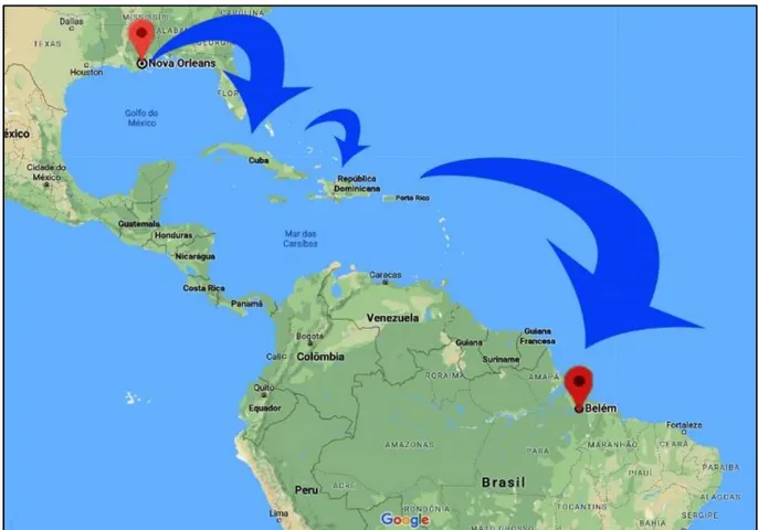 Figura 5: Provável rota do navio South América com partida de  Nova Orleans (EUA) com paradas em Cuba, República  Dominicana e Porto Rico, chegada em Belém do Pará
