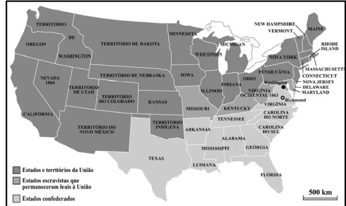 Figura 7: Representação do mapa dos Estados Unidos. Destaque para os Estados da União e os Estados  Confederados