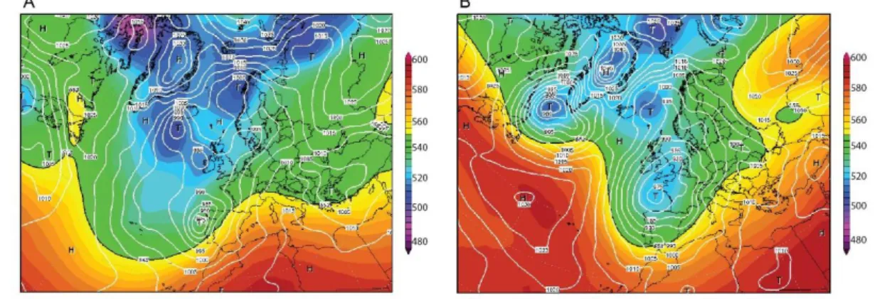 Figure 9. Surface pressure maps for the northeastern Atlantic region showing the patterns that  promote the incidence of strong westerly winds over the western Portuguese coast