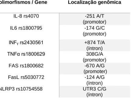 Tabela 4. Genes, SNPs e localização genômica.  