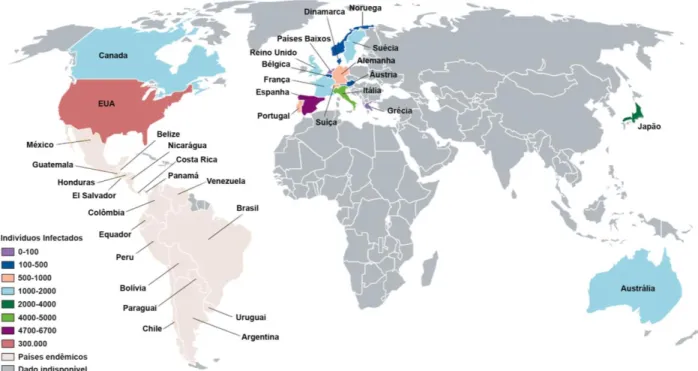 Figura  2.  Distribuição  mundial  de  indivíduos  infectados  com  o  protozoário  Trypanosoma  cruzi