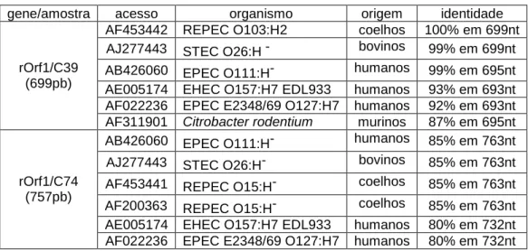 Tabela 3 – Análise de similaridade dos fragmentos de DNA gerados pelo par  de iniciadores rorf1 for/ rorf1 rev