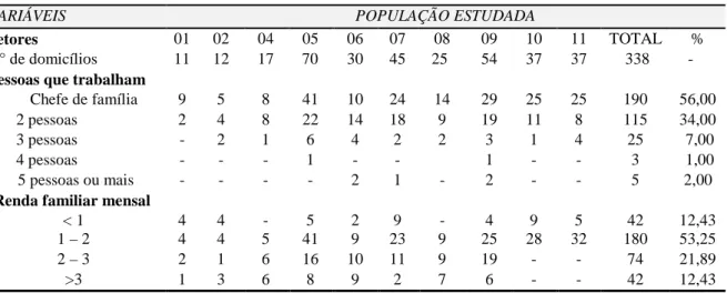 Tabela 5.3 -  Renda familiar  de acordo com domicílios e trabalhadores  do Varjão – DF, 2005.