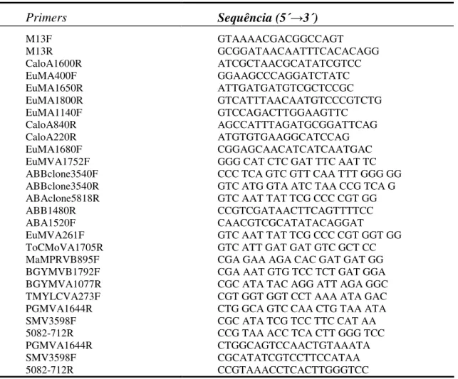 Tabela  3.  Primers  utilizados  para  sequenciamento  completo  dos  componentes  genômicos  (DNA-A e DNA-B) de todos os isolados trabalhados