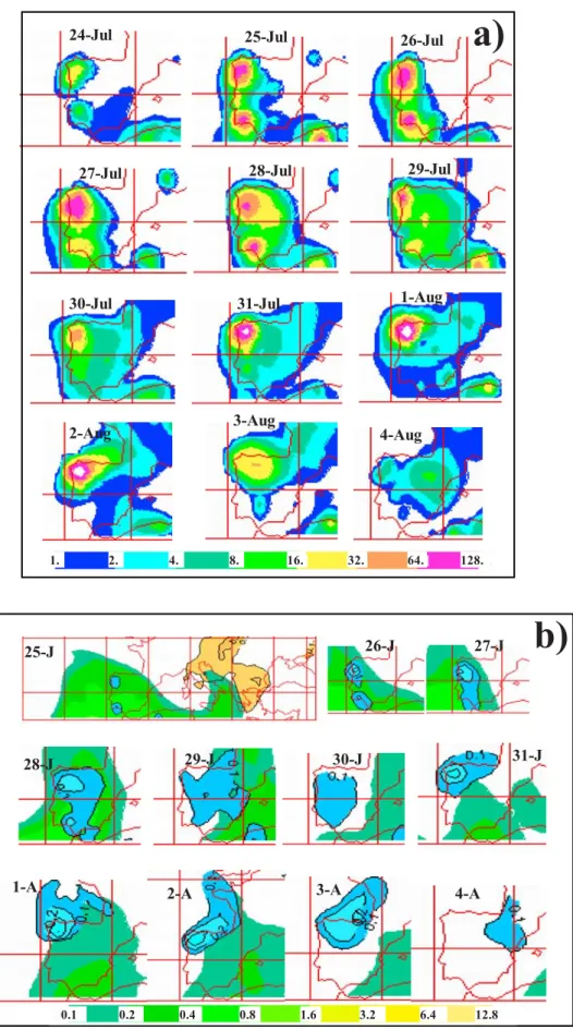 Figure 5. (a) Daily plots at 1200 UTC of smoke surface concentration (in mg/m 3 ) provided by the NAAPS model over the IP from 24 July to 4 August 2004