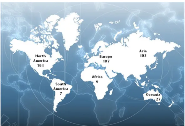 Figure 1: Map showing the worldwide distribution of the simulation centres found. 