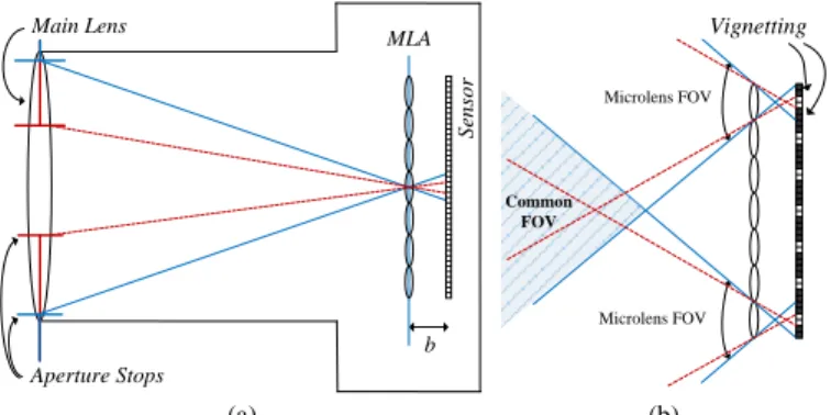 Fig. 1 LF camera: (a) Basic optical setup comprising a main lens, an MLA at a  distance 