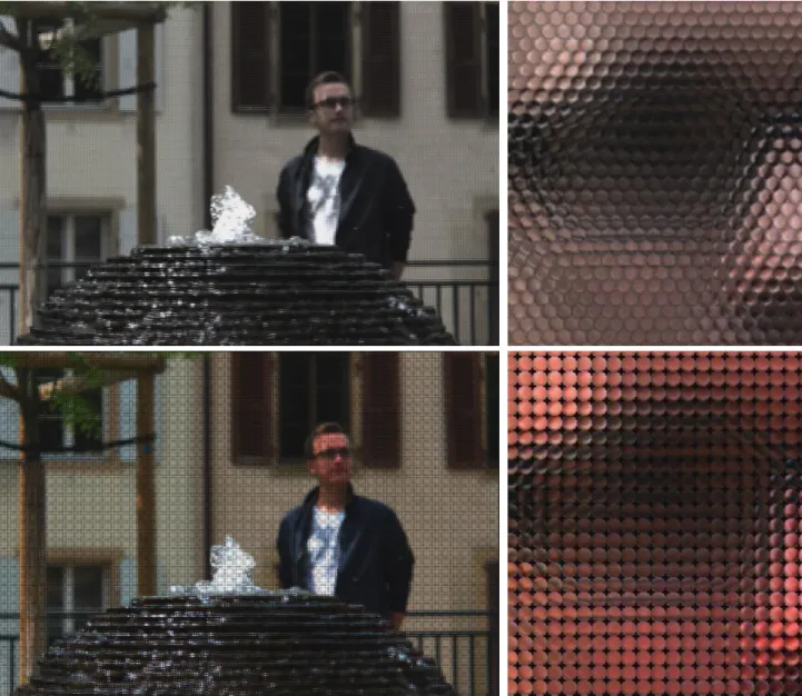 Figure 1 – LF image using Lenslet (top) and 4DLF-MI (bottom) data representations, characterized by a non-integer  hexagonal-based grid and an integer square-based grid, respectively 