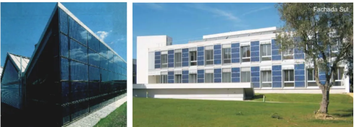 Figura 58 e 59 - Vidros Semi-translúcidos (Saint Gobain Glass-Prosol) e Painéis Fotovoltaicos na fachada do  edifício Solar XXI do INETI, respectivamente