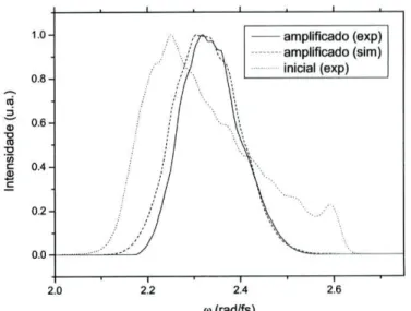 Figura 2.2: Resultado da simulação da amplificação óptica para 8 passagens, e  comparação com resultado experimental 