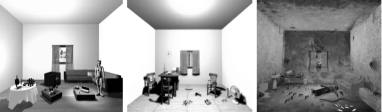 Figure 1. Emotion-inducing scenarios of different (pleasant - left, neutral - middle, unpleasant -  right) valences, all projected in 2D and 3D visualization modes