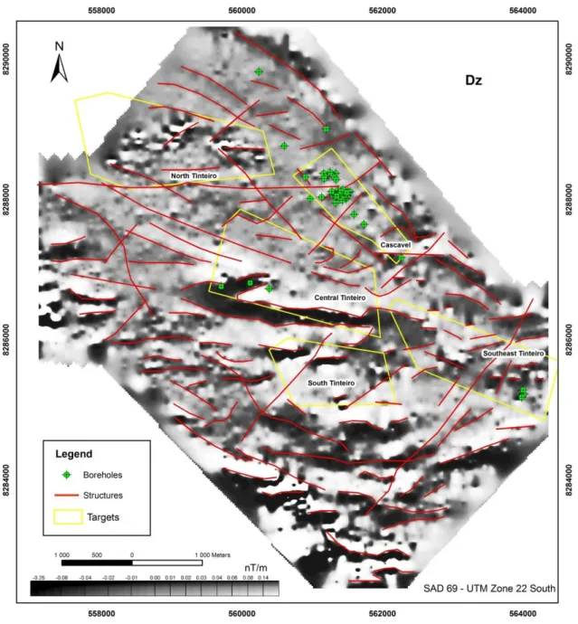 Fig. 7. Map showing the  first vertical derivative (Dz) of the  TMI  in the study area and  identifying the  main geologic  structures  interpreted  based  on  the  Dz,  Dy,  and  RGB  453  image  of  the  Landsat  7  ETM+  sensor