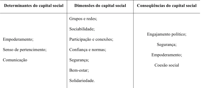 Tabela 3.1 – Determinantes, dimensões e conseqüências do capital social segundo Narayan e Cassidy (2001)