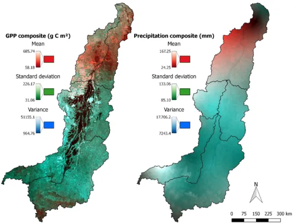 Figure  5  –  Gross  Primary  Productivity  composition  (GPP):  R-Mean;  G-Standard  deviation; B-Variance (left);  Precipitation:  R-Mean;  G-Standard deviation;  B-Variance  (right).