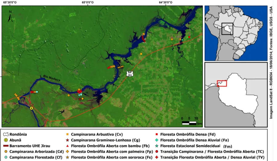 Figura 1. Trecho ao longo do rio Madeira, no noroeste do estado de Rondônia, na área de influência da Usina Hidrelétrica (UHE) Jirau, onde  foram  realizadas  as  amostragens