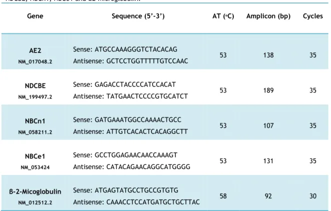 Table  1:  Genes,  oligonucleotide  sequence  and  respective  conditions  for  PCR  amplification  of  AE2,  NDCBE, NBCn1, NBCe1 and β2-Microglobulin