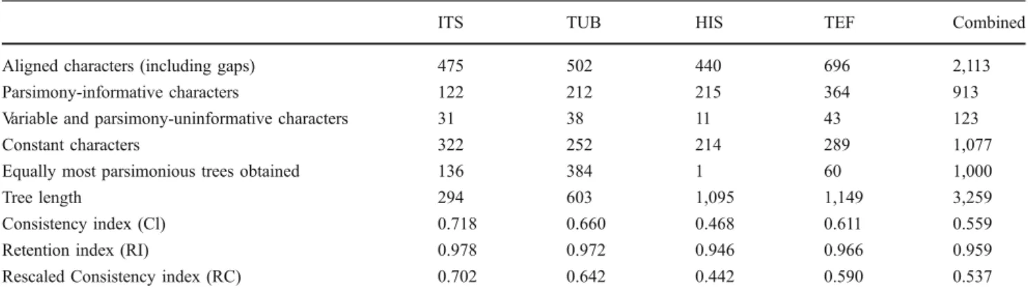Fig. 1 The first of 1,000 equally most parsimonious trees obtained from the combined ITS, TUB, HIS and TEF sequence alignment of Cylindrocarpon isolates and relatives with a heuristic search using PAUP v