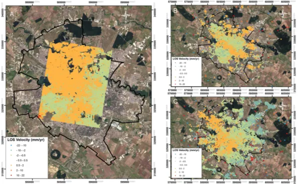 Figure 2.  PS InSAR-estimated ground deformation rates in Bucharest from 2011–2014 for TerraSAR-X  satellite data (A) and 1992–1999 ERS1/2 and 2003–2010 ENVISAT satellite data (B and C; Data provided by the  European Space Agency, 2012)