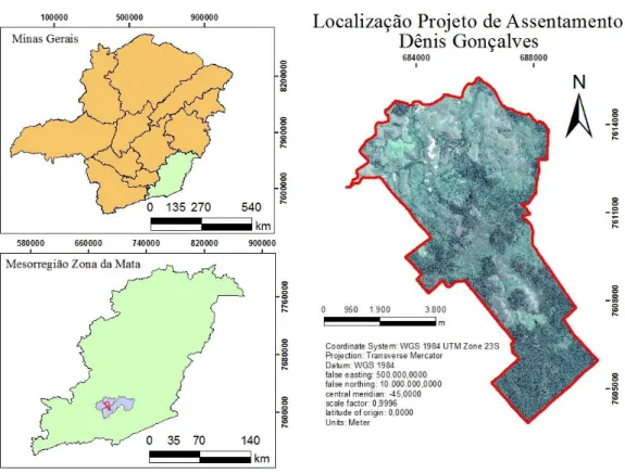 Figura 1 -  Localização da área de estudo (Projeto de Assentamento Dênis Gonçalves,  mesorregião Zona da Mata/Minas Gerais)