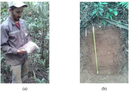 Figura 4 - Coleta de dados de solo. (a) Amostra composta sendo homogeneizada (b) Micro  trincheira aberta para classificação