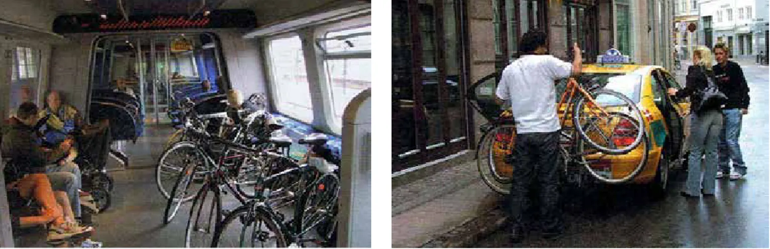 Fig. 6 Bicicletas em comboios (Fonte: Gehl, 2010, p. 184) Fig. 7 Bicicletas em táxis (Fonte: Gehl, 2010, p
