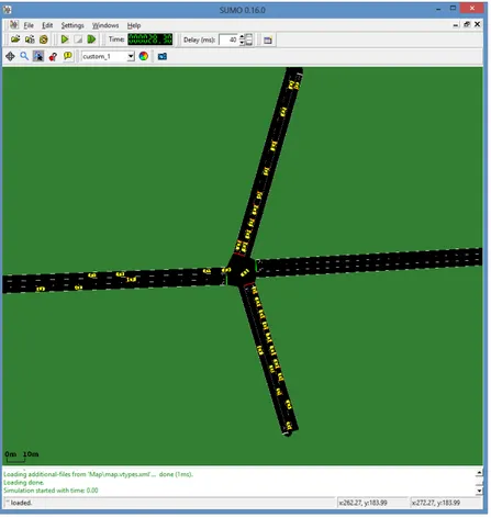 Figure 4.1: Example of the Simulation of Urban Mobility (SUMO) traffic simulator interface having a simulation step of 1 second by default
