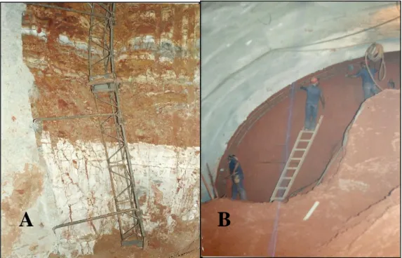 Figura 1. 8: Frente de escavação do túnel de metro da Asa Sul (fotos do acervo pessoal  do Engenheiro Arnaldo Ferreira da Costa): A) exposição da interface solo-rocha da 