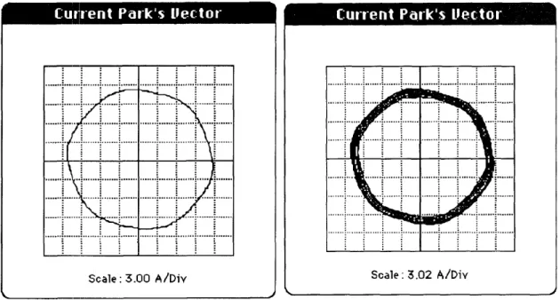 Figura 3.3: Padrão da corrente de Park correspondente a um motor saudável e a um com quatro barras partidas seguidas.
