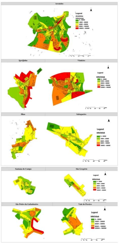 Fig. 5. Annual domestic electricity consumption per capita in the main urban settlements of the municipality (kWh/inhab).