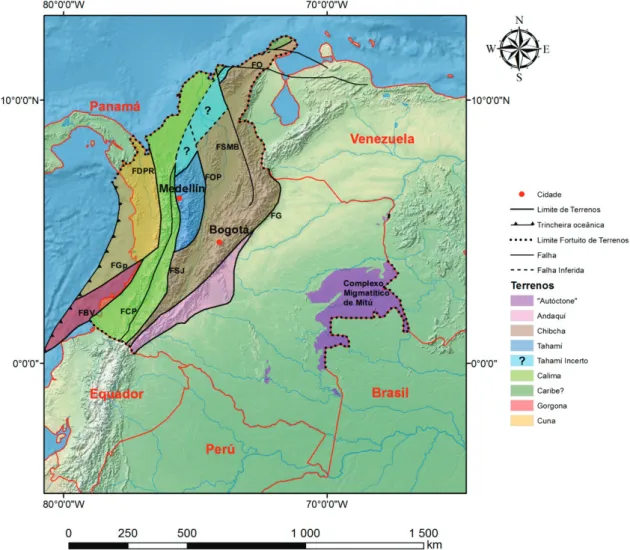 Figura  4  –  Terrenos  geológicos  na Colômbia. Falhas: Oca (FO), Santa Marta-Bucaramanga (FSMB),  Otú-Pericos (FOP),  San Jerónimo (FSJ), Guaicáramo (FG),  Dabeiba-Pueblo Rico (FDPR), Cali-Patía  (FCP), Garrapatas (FGp) e Buenaventura (FBV)